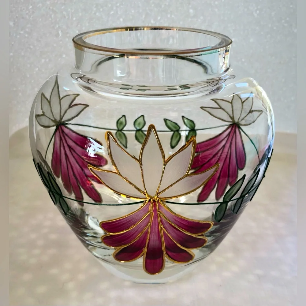 Beautiful Handcrafted Romania Crystal Vase Floral Pattern w/Raised Gilding